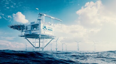 The concept of offshore hydrogen production through a hydrogen rig platform with an offshore wind turbine farm in the middle of the sea.